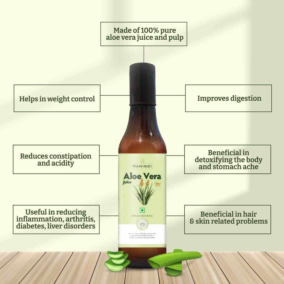 Manindi Aloe Vera Juice (with Pulp) | Rejuvenates Skin and Hair | Natural Juice for Skin Care | No Added Sugar - 500 ML