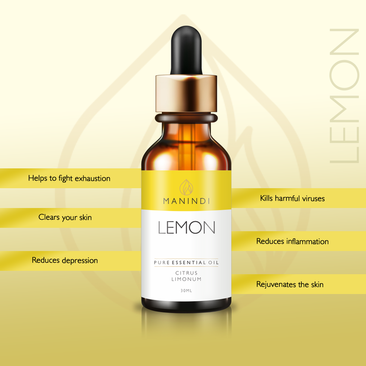 Manindi Lemon Essential Oil 30 ML ,helps in , depression, clears your skin, kills harmful viruses and bacteria, reduces inflammation