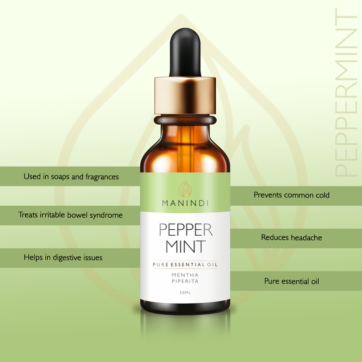 Manindi  Peppermint Essential Oil  30 ML ,irritable bowel syndrome , nausea,  digestive issues,  common cold and headache.